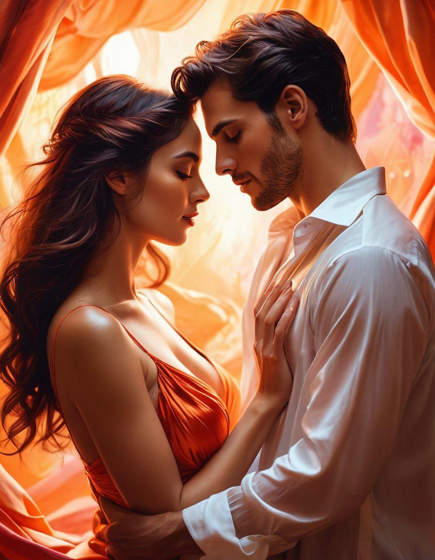 A seductive yet artistic representation of intimacy, featuring a couple entwined in a vibrant, ethereal setting, bathed in soft, romantic lighting. Flowing silk sheets and abstract motifs of pleasure create an inviting atmosphere. The scene evokes a sense of passion and exploration, hinting at playful encounters through subtle symbolism. Artistic interpretation enhances the allure while maintaining elegance. digital painting. vibrant colors. soft focus.