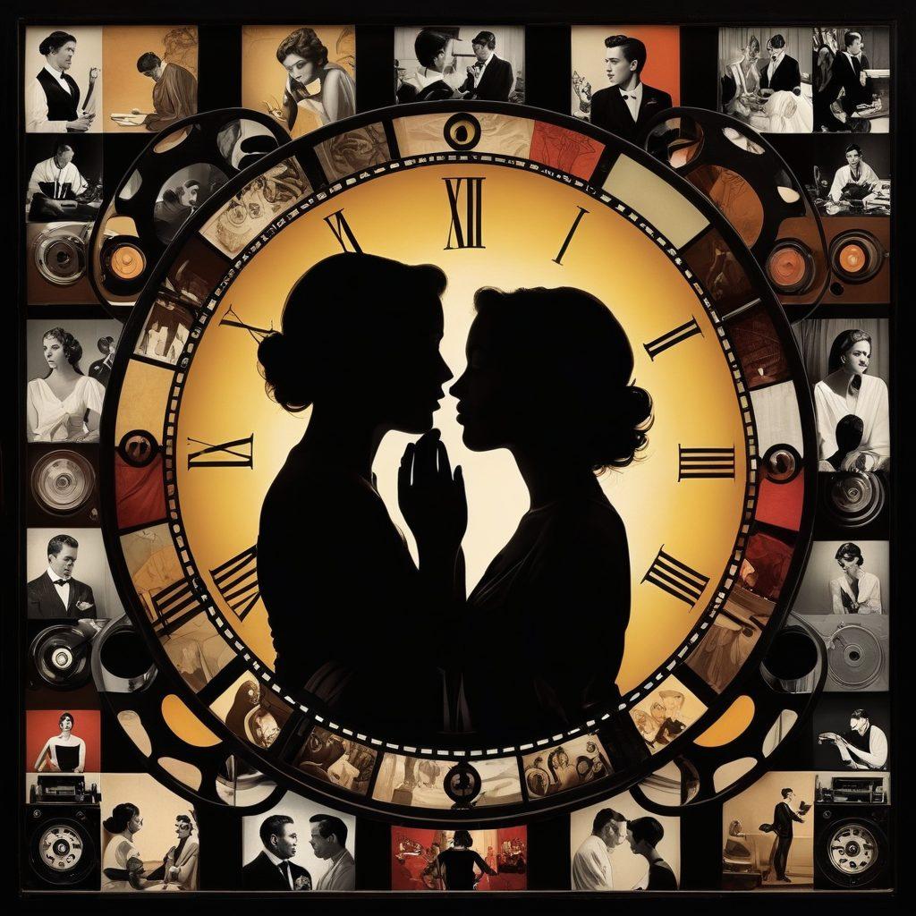 A visually intriguing collage representing the evolution of intimacy, featuring silhouettes of people in various intimate poses, gradually transitioning from classical art styles to modern interpretations. Incorporate elements of vintage film reels merging with digital screens displaying X-rated entertainment, all set against a soft gradient background that suggests the passage of time. Highlight contrasts between past and present with colors that evoke nostalgia yet are bold enough to represent modern allure. super-realistic. vibrant colors. dynamic composition.