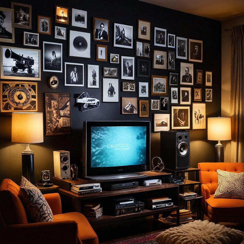 A captivating collage featuring a dimly lit room with a computer screen displaying a live cam feed, alongside a vintage film projector casting provocative scenes on the wall. Include stylish decor elements like plush cushions and soft lighting to create an inviting atmosphere. Blend in subtle hints of modern technology with a touch of retro aesthetics. vibrant colors. super-realistic.